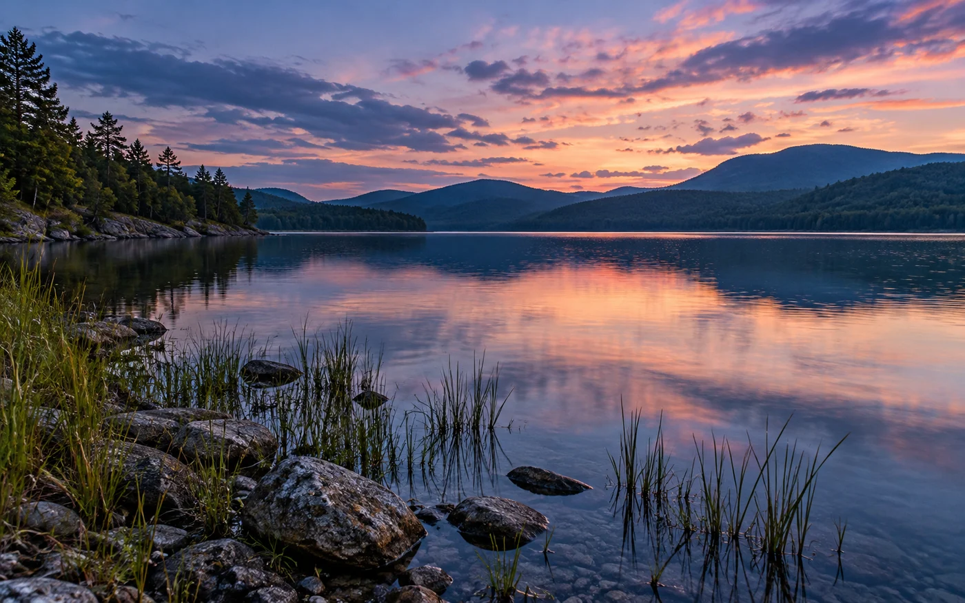 Still blue water, reeds and forested hills at evening